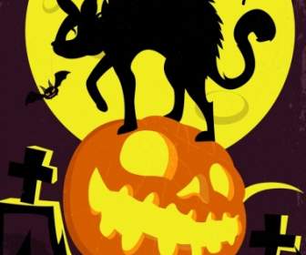 Icone Di Halloween Banner Gatto Nero Spaventoso Della Zucca Al Chiaro Di Luna