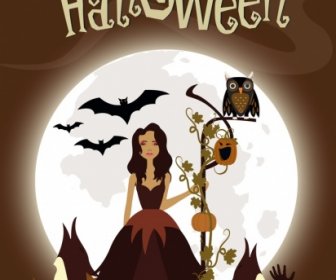 Halloween Banner Dekorasi Coklat Moonlight Labu Wanita Ikon