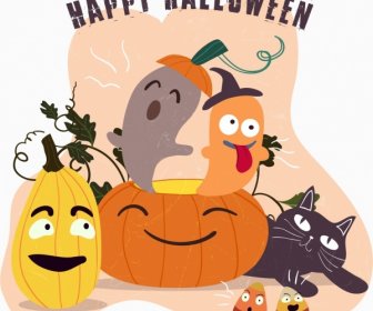 Iconos De Halloween Banner Gracioso Estilizado Diseño Clasico