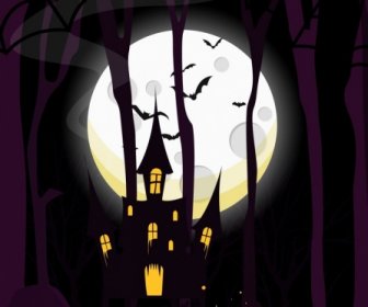 A La Luz De La Luna La Noche De Halloween De Fondo La Bandera Púrpura Castillo Iconos