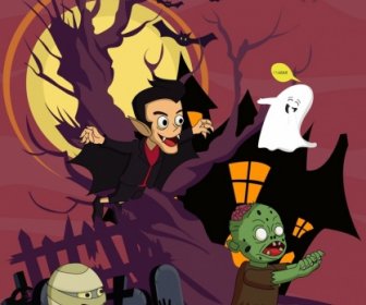 Halloween Banner Personagens Assustadores ícones Design Dos Desenhos Animados