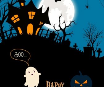 Halloween Scary Night Scene Moonlight Cemetery Iconos Banner