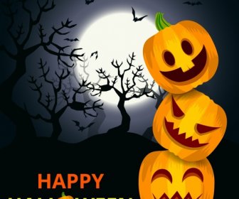 Halloween Banner Scary Pumpkin Icons Dark Moonlight Background