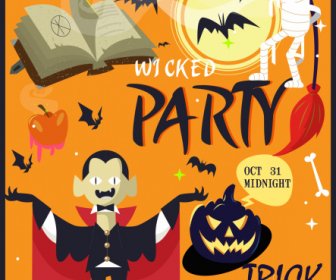 Halloween Banner Simbol Menakutkan Sketsa Warna-warni Desain Klasik