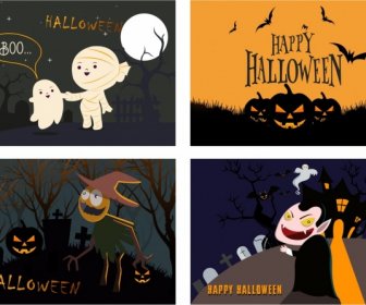 Halloween Banner Sets Ghost Evil Pumpkin Tombs Icons