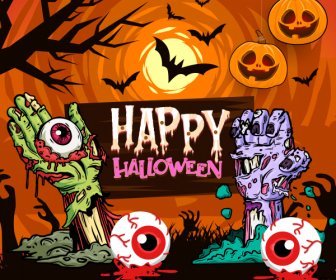 Template Spanduk Halloween Dekorasi Elemen Horor Berwarna-warni