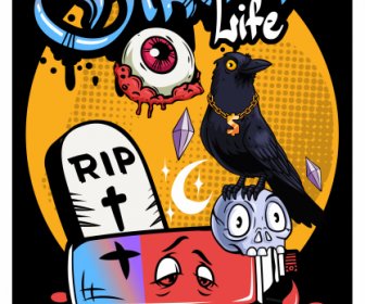 Halloween Banner Template Eye Crow Skull Tomb Sketch