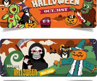 Template Spanduk Halloween Dekorasi Karakter Horor Berwarna-warni