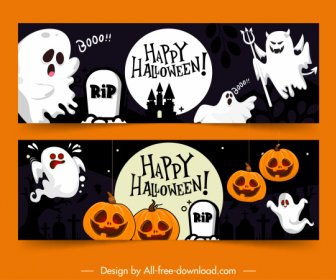 Halloween Banner Templates Ghost Pumpkins Tombs Icons Decor