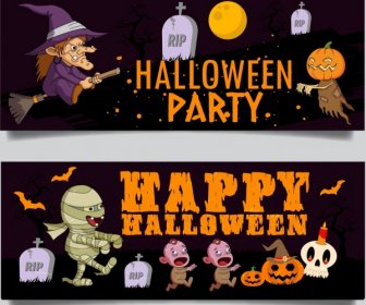 Halloween Banner Template Menakutkan Ikon Berwarna Karakter Kartun