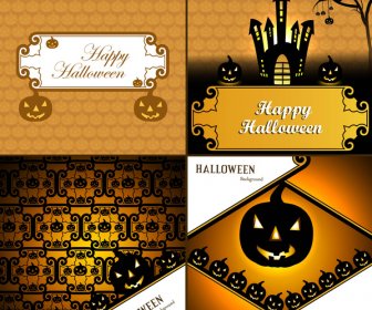 Halloween Kartu Empat Koleksi Presentasi Latar Belakang Warna-warni Cerah Vektor Ilustrasi