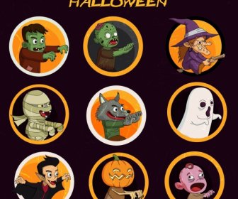 Personajes De Dibujos Animados De Colores Halloween Avatars Círculo De Aislamiento