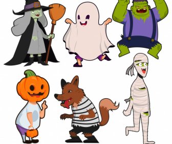 Halloween Characters Icons Frightening Devil Ghost Sketch