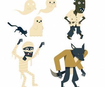 Halloween Characters Icons Ghost Zombie Werewolf Mummy Sketch