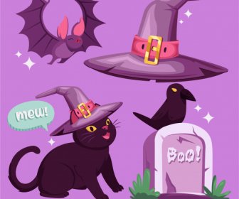 Halloween Design Elements Cat Bat Tomb Wizard Elements