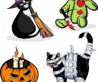 Elementi Di Disegno Di Halloween Gatto Icone Sanguinosa Del Giocattolo Della Zucca
