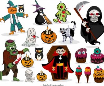 Halloween Design Elements Colored Horror Characters Icons