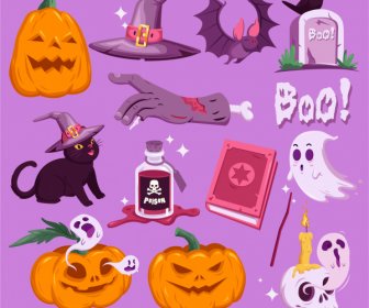 Elemen Desain Halloween Warna-warni Sketsa Simbol Klasik Horor
