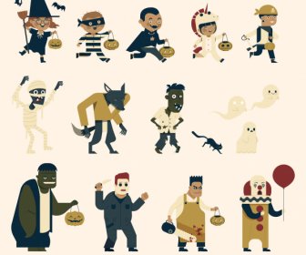 Halloween Design Elements Costumed Cartoon Characters Sketch