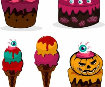 Elemen Desain Halloween Ikon Es Krim Kue Horor