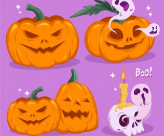 Halloween Design Elements Pumpkins Skull Ghosts Sketch