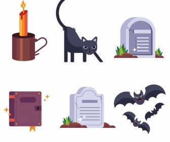 Halloween-Design-Elemente Grab Fledermäuse Katze Kerze Skizze