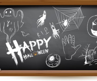 Halloween Hand Drawing Doodles On Black Chalkboard