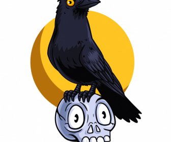 Ikon Halloween Crow Skull Sketsa Digambar Tangan Kartun
