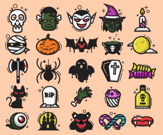 Colección De Iconos De Halloween Emblemas De Terror Coloreados Boceto