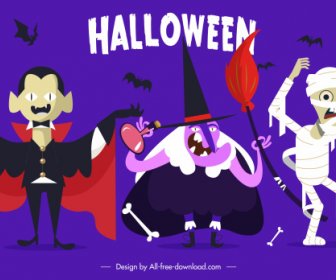 Halloween-Symbole Elemente Dracula Hexe Mumie Fledermäuse Skizze