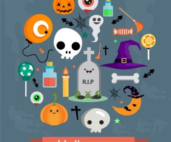 Halloween Ilustrasi Ikon Dengan Simbol-simbol Yang Disusun Dalam Lingkaran