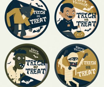 Etiqueta Halloween Plantilla De Terror Personajes Sketch Círculo Diseño