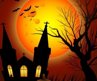 La Noche De Halloween Con Castillo Negro En La Luna Background Illustration