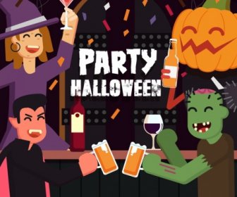 Halloween Party Banner Horror Characters Icons