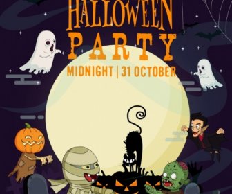 Halloween Party Banner Scary Characters Moonlight Tombs Icons