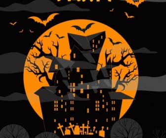 Halloween Party Banner Yellow Moonlight Scary Castle Icons