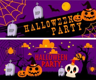 Halloween Party Banners Symbol Elements On Violet Backdrop