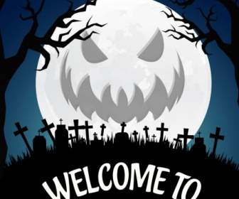 Halloween Party Poster Scary Moon Icon Tombs Silhouette