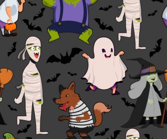 Halloween Pattern Dark Colorful Cartoon Characters Sketch