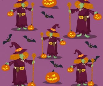 Pola Halloween Penyihir Tua Labu Ikon Mengulangi Desain