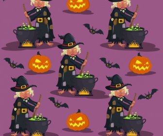 Halloween Pola Penyihir Labu Kelelawar Ikon Mengulangi Desain