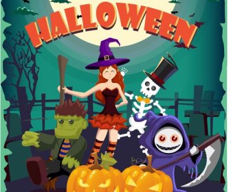 Halloween Poster Design Cute Witch And Emblems