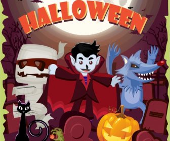Halloween Poster Design With Devil And Zombie