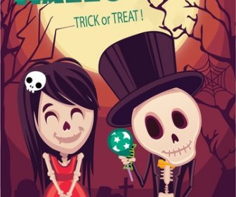 Halloween Poster Design With Skeleton Couples In Graveyard