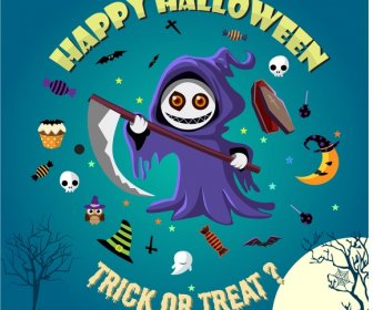 Desain Halloween Poster Dengan Penyihir Dan Horor Ikon