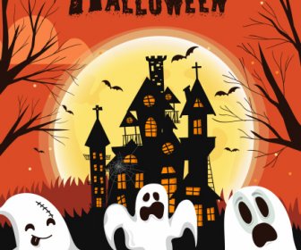 Хэллоуин плакат шаблон смешные призраки замок лунный свет эскиз