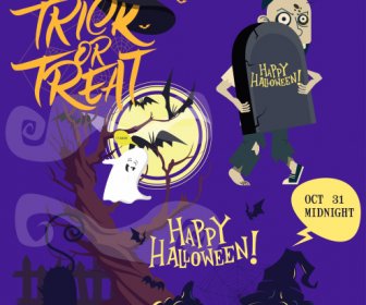 Halloween-Plakat-Vorlage Schreckliche Symbole Dekor Zeichentrickfiguren