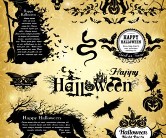 Halloween Teks Bingkai Dengan Desain Elemen Vektor