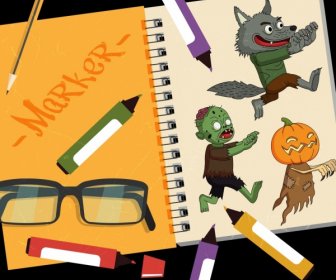 Fundo De Workart Halloween Assustador Personagens ícones De Canetas Marcador
