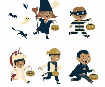 Haloween Characters Icons Joyful Costumed Kids Sketch